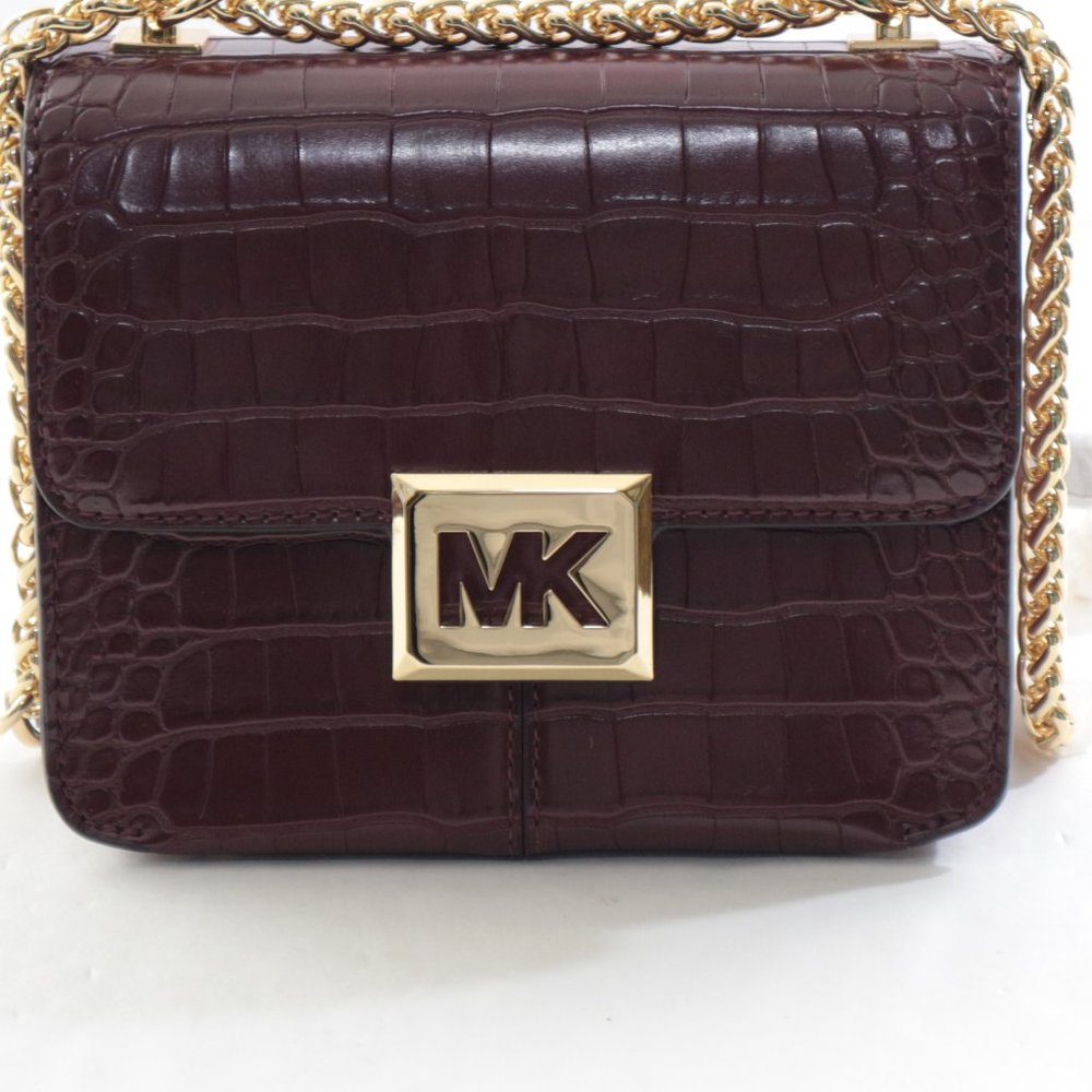 Michael Kors Sonia Small Square Crossbody Bag Croc Embossed Merlot NWT$378.00